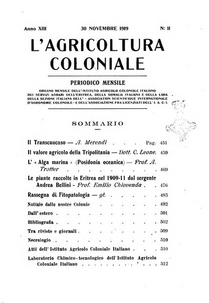 L'agricoltura coloniale organo dell'Istituto agricolo coloniale italiano e dell'Ufficio agrario sperimentale dell'Eritrea