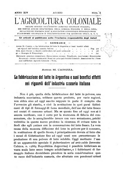 L'agricoltura coloniale organo dell'Istituto agricolo coloniale italiano e dell'Ufficio agrario sperimentale dell'Eritrea