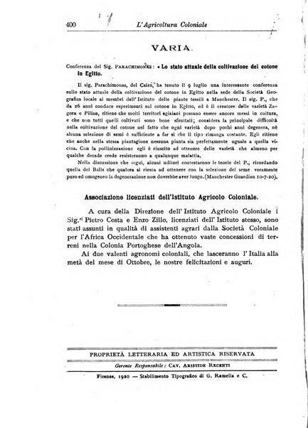 L'agricoltura coloniale organo dell'Istituto agricolo coloniale italiano e dell'Ufficio agrario sperimentale dell'Eritrea