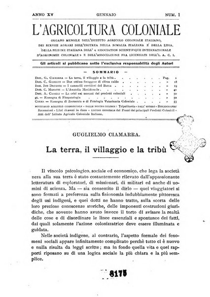 L'agricoltura coloniale organo dell'Istituto agricolo coloniale italiano e dell'Ufficio agrario sperimentale dell'Eritrea