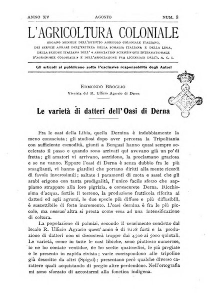 L'agricoltura coloniale organo dell'Istituto agricolo coloniale italiano e dell'Ufficio agrario sperimentale dell'Eritrea