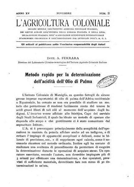 L'agricoltura coloniale organo dell'Istituto agricolo coloniale italiano e dell'Ufficio agrario sperimentale dell'Eritrea