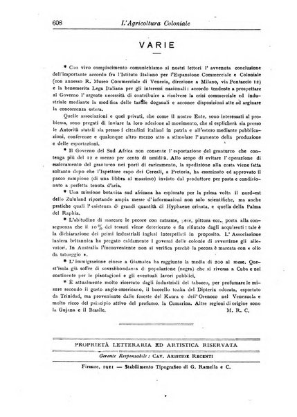 L'agricoltura coloniale organo dell'Istituto agricolo coloniale italiano e dell'Ufficio agrario sperimentale dell'Eritrea