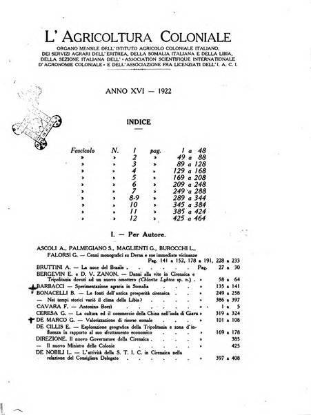 L'agricoltura coloniale organo dell'Istituto agricolo coloniale italiano e dell'Ufficio agrario sperimentale dell'Eritrea