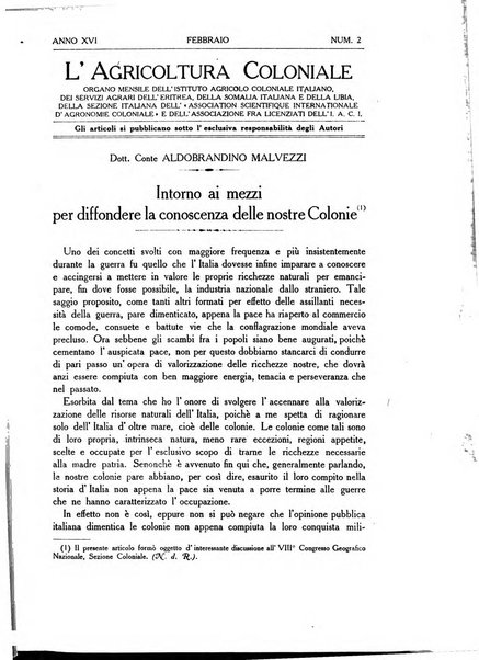 L'agricoltura coloniale organo dell'Istituto agricolo coloniale italiano e dell'Ufficio agrario sperimentale dell'Eritrea