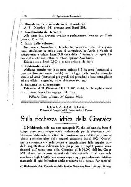 L'agricoltura coloniale organo dell'Istituto agricolo coloniale italiano e dell'Ufficio agrario sperimentale dell'Eritrea