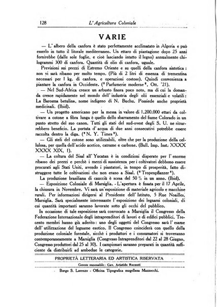 L'agricoltura coloniale organo dell'Istituto agricolo coloniale italiano e dell'Ufficio agrario sperimentale dell'Eritrea