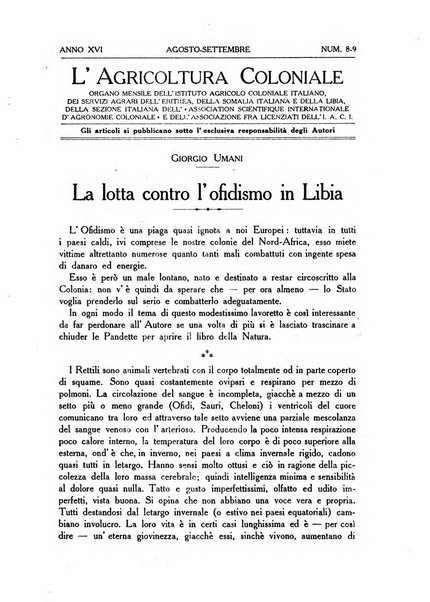 L'agricoltura coloniale organo dell'Istituto agricolo coloniale italiano e dell'Ufficio agrario sperimentale dell'Eritrea