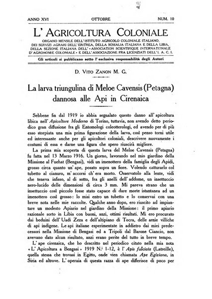 L'agricoltura coloniale organo dell'Istituto agricolo coloniale italiano e dell'Ufficio agrario sperimentale dell'Eritrea