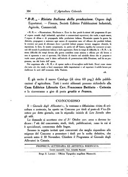 L'agricoltura coloniale organo dell'Istituto agricolo coloniale italiano e dell'Ufficio agrario sperimentale dell'Eritrea