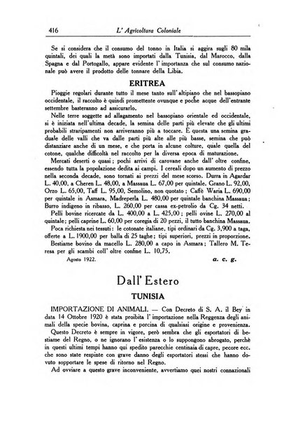 L'agricoltura coloniale organo dell'Istituto agricolo coloniale italiano e dell'Ufficio agrario sperimentale dell'Eritrea