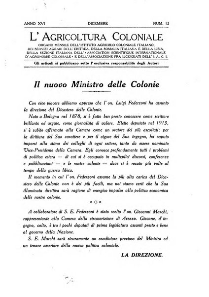 L'agricoltura coloniale organo dell'Istituto agricolo coloniale italiano e dell'Ufficio agrario sperimentale dell'Eritrea