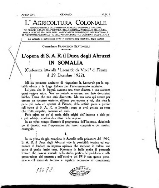 L'agricoltura coloniale organo dell'Istituto agricolo coloniale italiano e dell'Ufficio agrario sperimentale dell'Eritrea