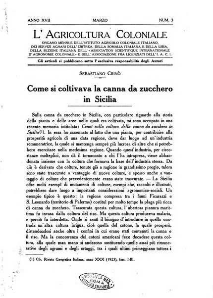 L'agricoltura coloniale organo dell'Istituto agricolo coloniale italiano e dell'Ufficio agrario sperimentale dell'Eritrea