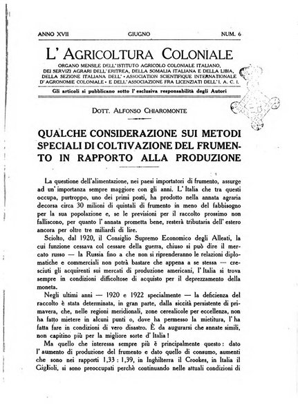 L'agricoltura coloniale organo dell'Istituto agricolo coloniale italiano e dell'Ufficio agrario sperimentale dell'Eritrea