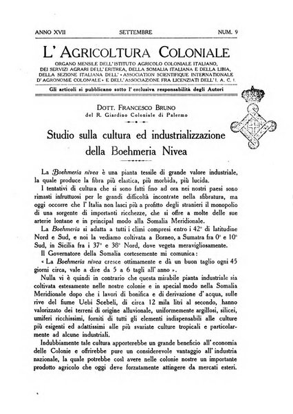 L'agricoltura coloniale organo dell'Istituto agricolo coloniale italiano e dell'Ufficio agrario sperimentale dell'Eritrea