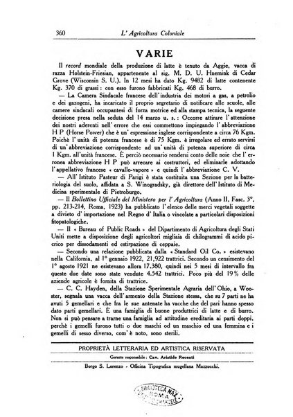 L'agricoltura coloniale organo dell'Istituto agricolo coloniale italiano e dell'Ufficio agrario sperimentale dell'Eritrea