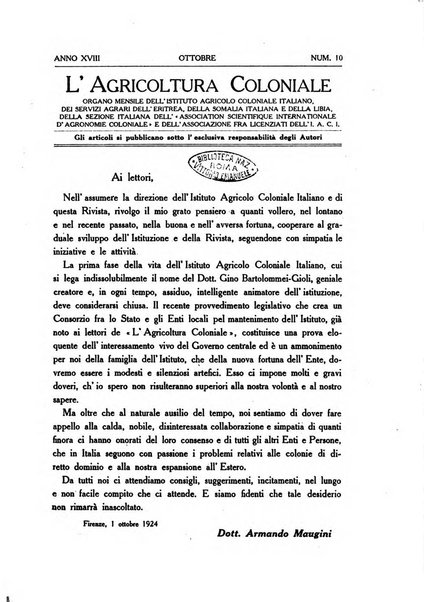 L'agricoltura coloniale organo dell'Istituto agricolo coloniale italiano e dell'Ufficio agrario sperimentale dell'Eritrea