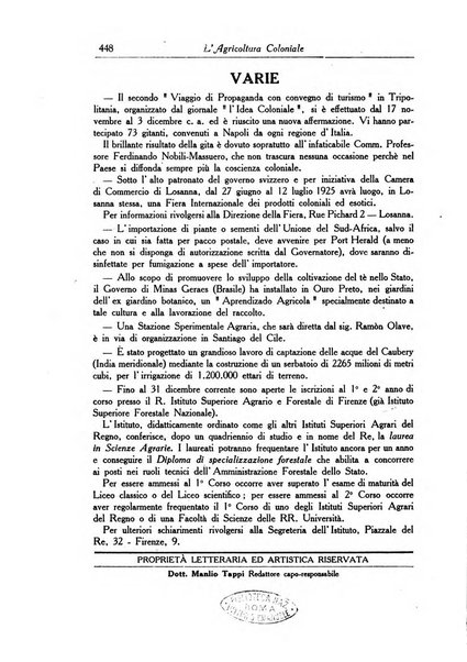 L'agricoltura coloniale organo dell'Istituto agricolo coloniale italiano e dell'Ufficio agrario sperimentale dell'Eritrea