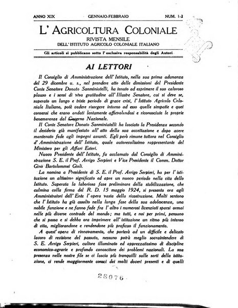 L'agricoltura coloniale organo dell'Istituto agricolo coloniale italiano e dell'Ufficio agrario sperimentale dell'Eritrea