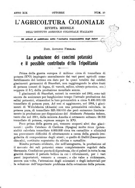 L'agricoltura coloniale organo dell'Istituto agricolo coloniale italiano e dell'Ufficio agrario sperimentale dell'Eritrea