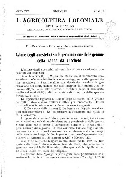 L'agricoltura coloniale organo dell'Istituto agricolo coloniale italiano e dell'Ufficio agrario sperimentale dell'Eritrea