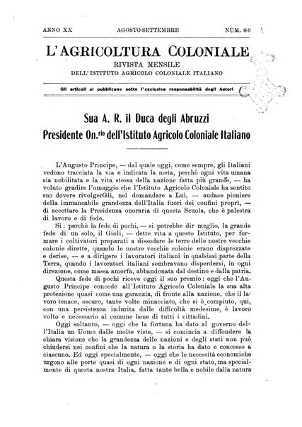 L'agricoltura coloniale organo dell'Istituto agricolo coloniale italiano e dell'Ufficio agrario sperimentale dell'Eritrea