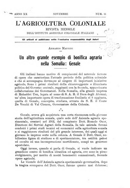 L'agricoltura coloniale organo dell'Istituto agricolo coloniale italiano e dell'Ufficio agrario sperimentale dell'Eritrea