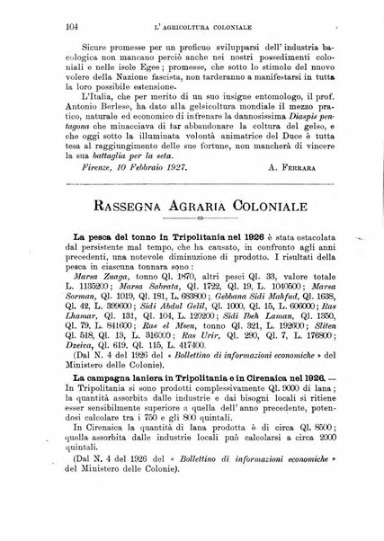 L'agricoltura coloniale organo dell'Istituto agricolo coloniale italiano e dell'Ufficio agrario sperimentale dell'Eritrea