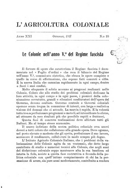 L'agricoltura coloniale organo dell'Istituto agricolo coloniale italiano e dell'Ufficio agrario sperimentale dell'Eritrea