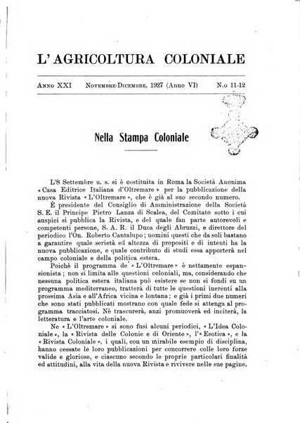 L'agricoltura coloniale organo dell'Istituto agricolo coloniale italiano e dell'Ufficio agrario sperimentale dell'Eritrea