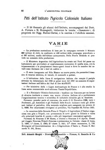 L'agricoltura coloniale organo dell'Istituto agricolo coloniale italiano e dell'Ufficio agrario sperimentale dell'Eritrea