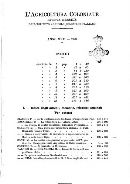 L'agricoltura coloniale organo dell'Istituto agricolo coloniale italiano e dell'Ufficio agrario sperimentale dell'Eritrea