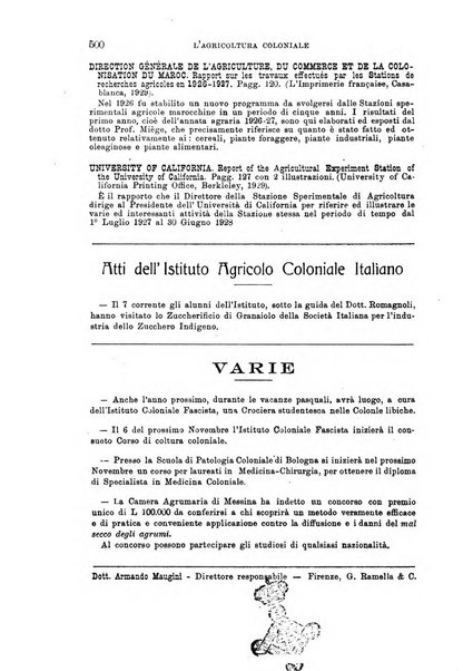 L'agricoltura coloniale organo dell'Istituto agricolo coloniale italiano e dell'Ufficio agrario sperimentale dell'Eritrea