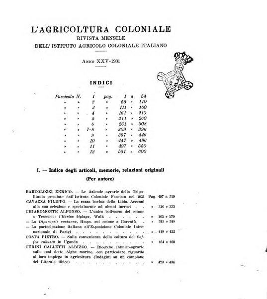 L'agricoltura coloniale organo dell'Istituto agricolo coloniale italiano e dell'Ufficio agrario sperimentale dell'Eritrea