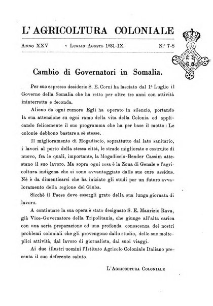 L'agricoltura coloniale organo dell'Istituto agricolo coloniale italiano e dell'Ufficio agrario sperimentale dell'Eritrea