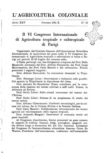 L'agricoltura coloniale organo dell'Istituto agricolo coloniale italiano e dell'Ufficio agrario sperimentale dell'Eritrea