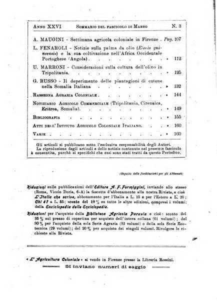 L'agricoltura coloniale organo dell'Istituto agricolo coloniale italiano e dell'Ufficio agrario sperimentale dell'Eritrea