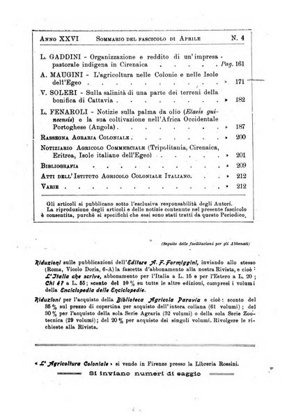 L'agricoltura coloniale organo dell'Istituto agricolo coloniale italiano e dell'Ufficio agrario sperimentale dell'Eritrea