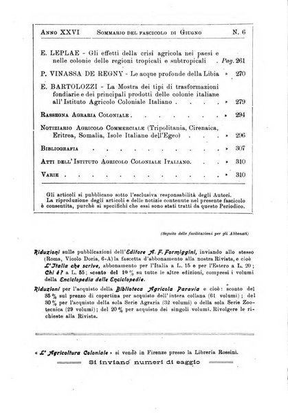 L'agricoltura coloniale organo dell'Istituto agricolo coloniale italiano e dell'Ufficio agrario sperimentale dell'Eritrea