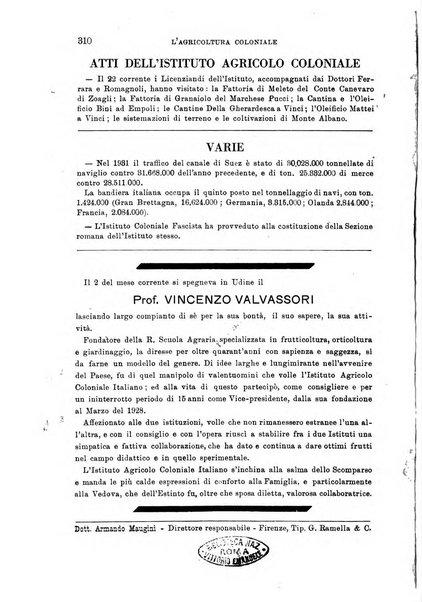 L'agricoltura coloniale organo dell'Istituto agricolo coloniale italiano e dell'Ufficio agrario sperimentale dell'Eritrea