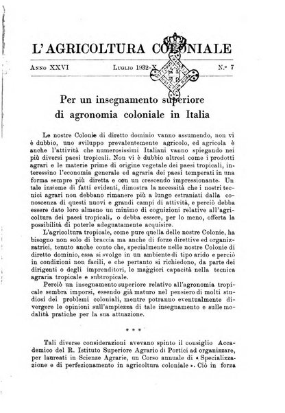 L'agricoltura coloniale organo dell'Istituto agricolo coloniale italiano e dell'Ufficio agrario sperimentale dell'Eritrea