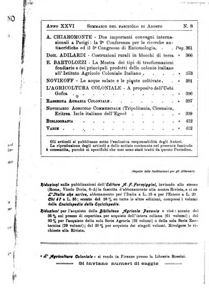 L'agricoltura coloniale organo dell'Istituto agricolo coloniale italiano e dell'Ufficio agrario sperimentale dell'Eritrea