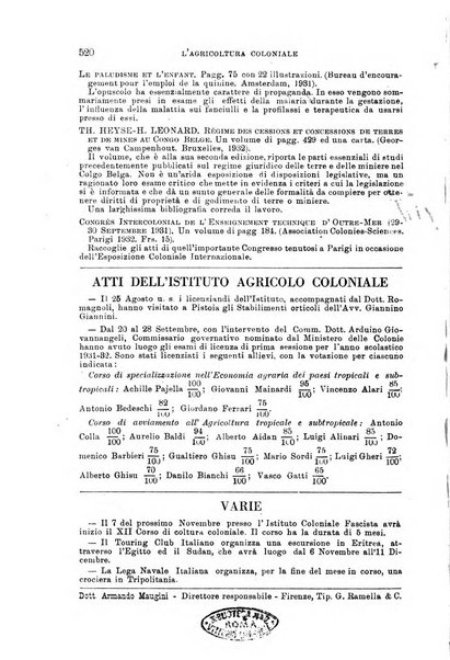 L'agricoltura coloniale organo dell'Istituto agricolo coloniale italiano e dell'Ufficio agrario sperimentale dell'Eritrea