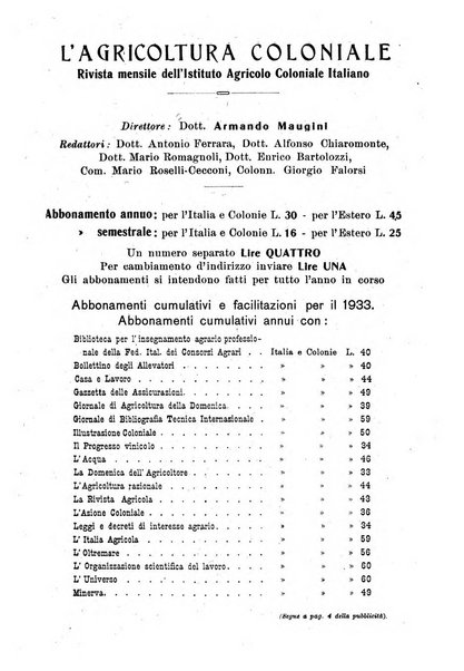 L'agricoltura coloniale organo dell'Istituto agricolo coloniale italiano e dell'Ufficio agrario sperimentale dell'Eritrea