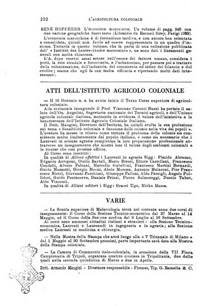 L'agricoltura coloniale organo dell'Istituto agricolo coloniale italiano e dell'Ufficio agrario sperimentale dell'Eritrea