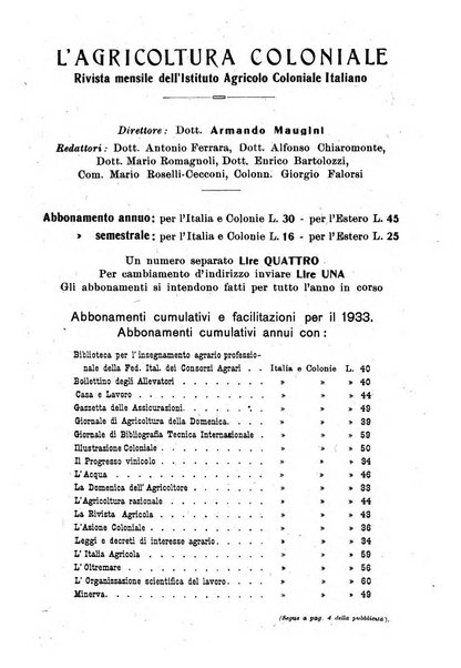 L'agricoltura coloniale organo dell'Istituto agricolo coloniale italiano e dell'Ufficio agrario sperimentale dell'Eritrea