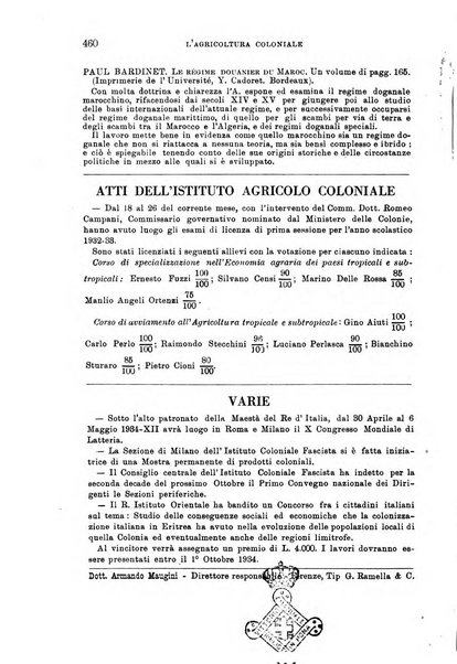 L'agricoltura coloniale organo dell'Istituto agricolo coloniale italiano e dell'Ufficio agrario sperimentale dell'Eritrea