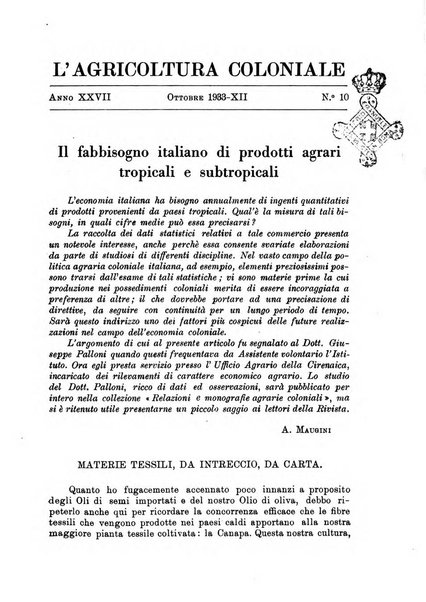 L'agricoltura coloniale organo dell'Istituto agricolo coloniale italiano e dell'Ufficio agrario sperimentale dell'Eritrea