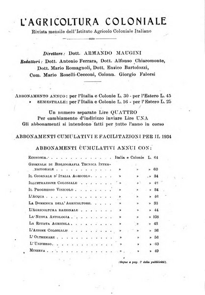 L'agricoltura coloniale organo dell'Istituto agricolo coloniale italiano e dell'Ufficio agrario sperimentale dell'Eritrea